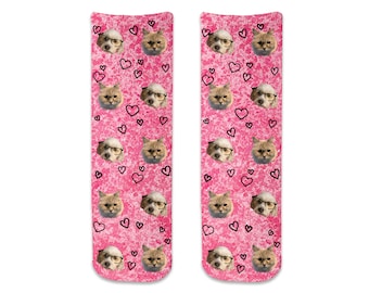 Your Photo on Socks with Hearts All Over, Faces Custom Printed on Socks, Cat Socks, Dog Socks Makes a Great Gift Idea