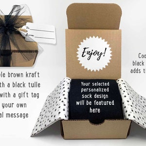 La nostra speciale confezione regalo per confezionare i tuoi calzini stampati personalizzati, la confezione contiene 1 paio di calzini