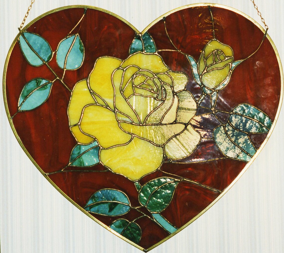 Brass Framed Stained Glass Yellow Rose Heart Panel - Etsy