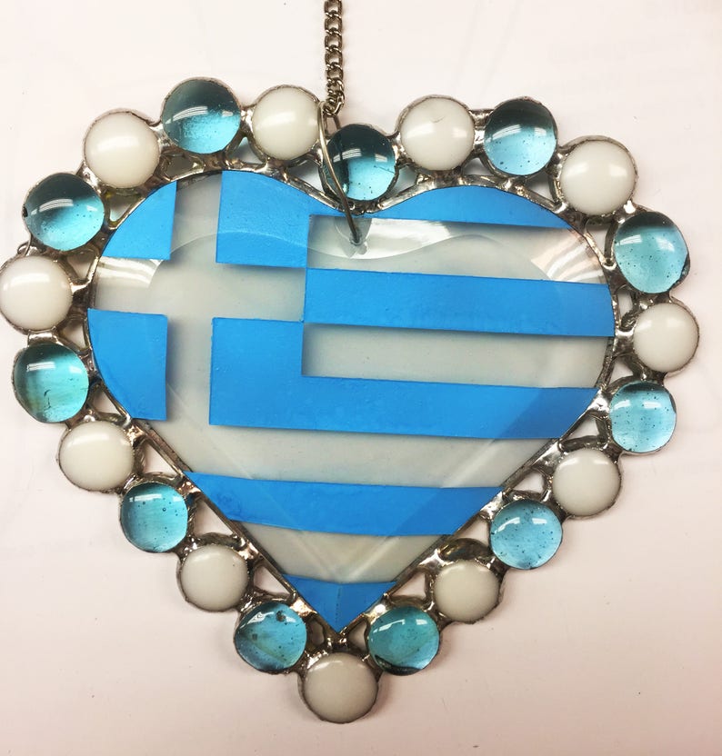 Greek Flag SUNCATCHER 0815SCM06071 Stained Glass Beveled heart with Blue and White Nuggets