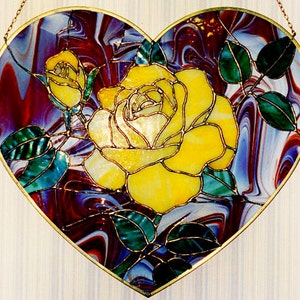 Brass Framed Stained Glass Yellow Rose Heart Panel