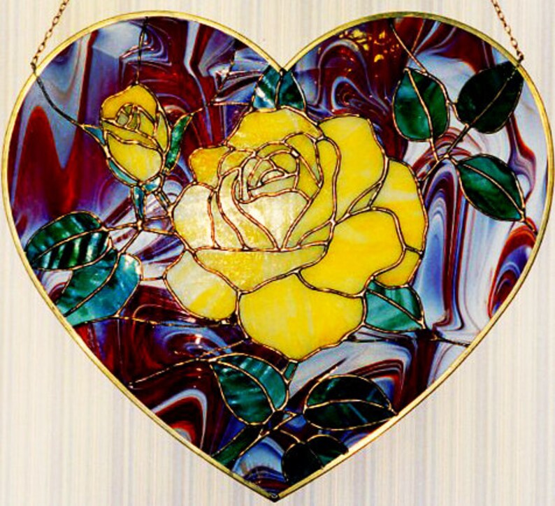 Brass Framed Stained Glass Yellow Rose Heart Panel - Etsy