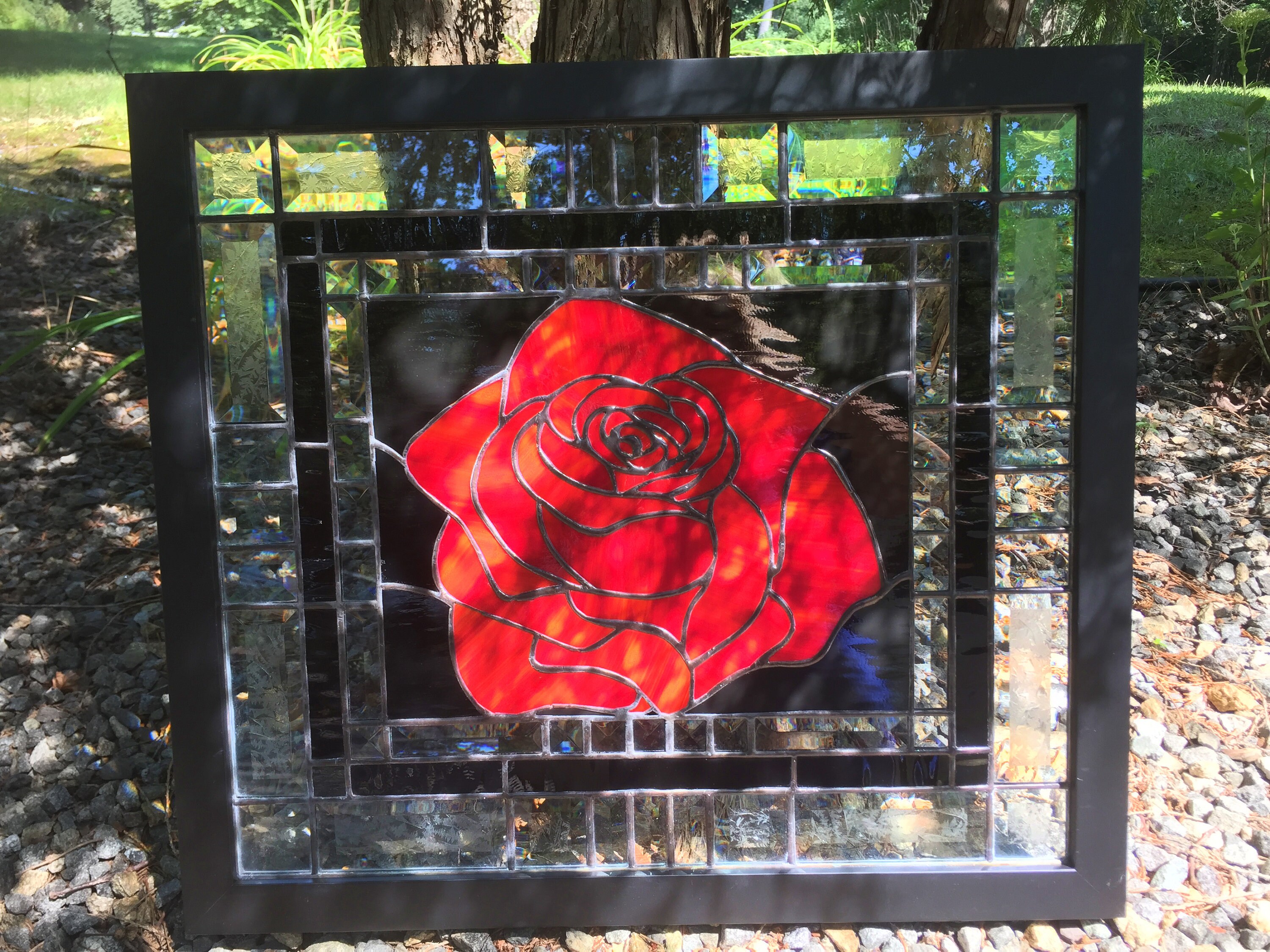 Framed Stained Glass Rose Panel Etsy