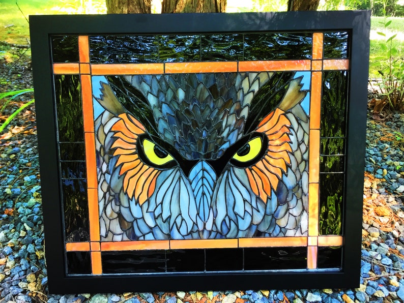 PANEL FRAMED Stained Glass OwlHome Decor Window Hanging Etsy