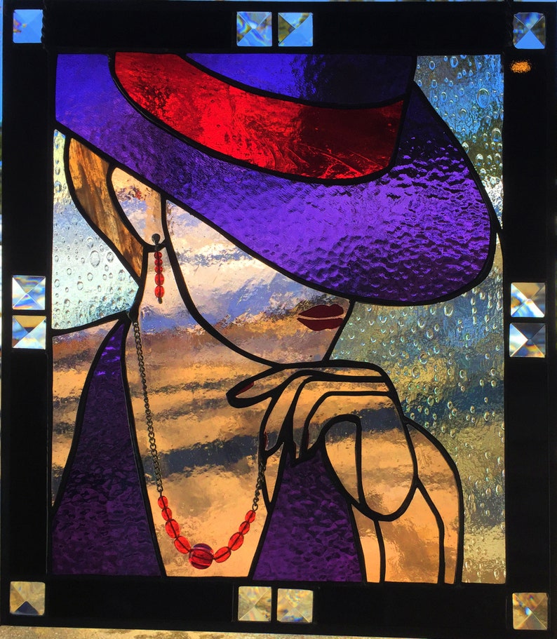 PANEL Zinc Framed Stained Glass Lady in Purple Hat Panel Etsy