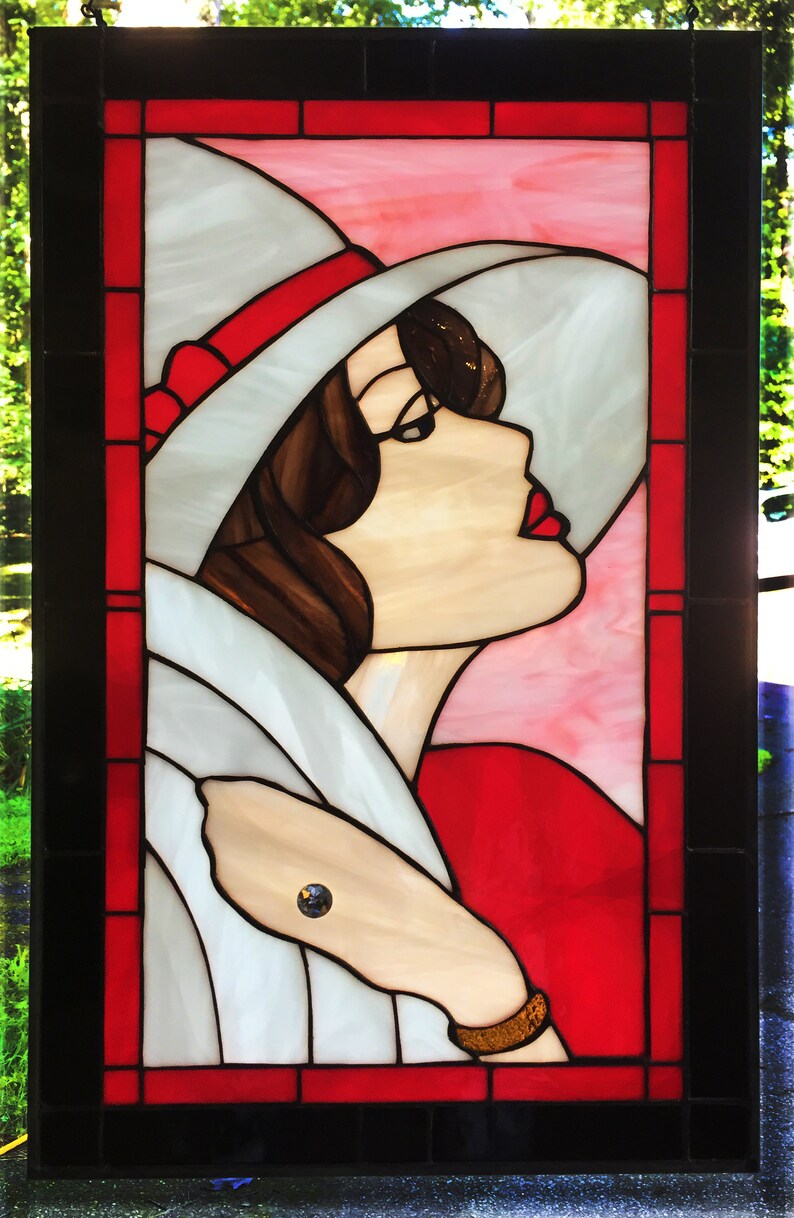 PANEL Framed Stained Glass Stylish Woman Panel Etsy