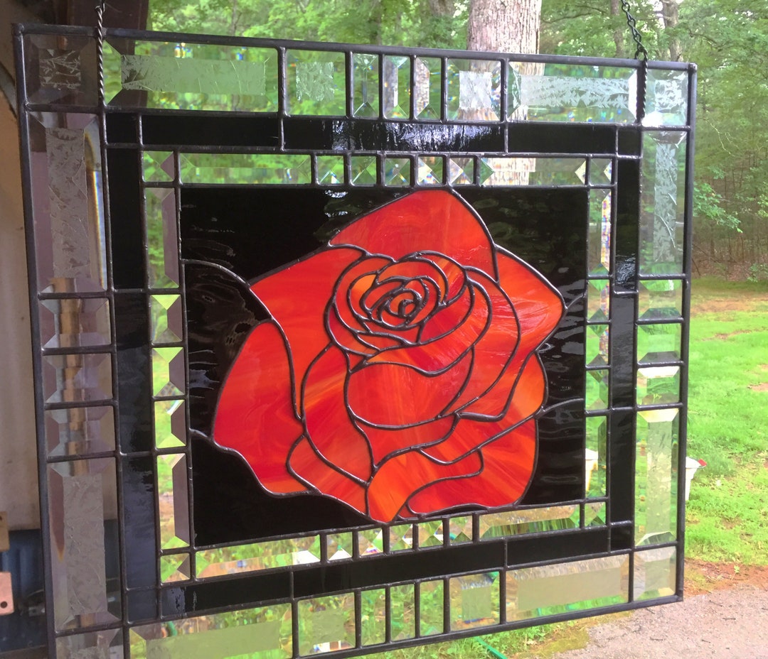 Framed Stained Glass Rose Panel Etsy