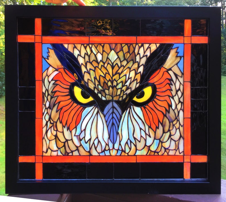 PANEL FRAMED Stained Glass Owlhome Decor Window Hanging Etsy