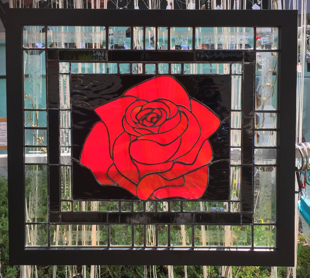 Framed Stained Glass Rose Panel Etsy