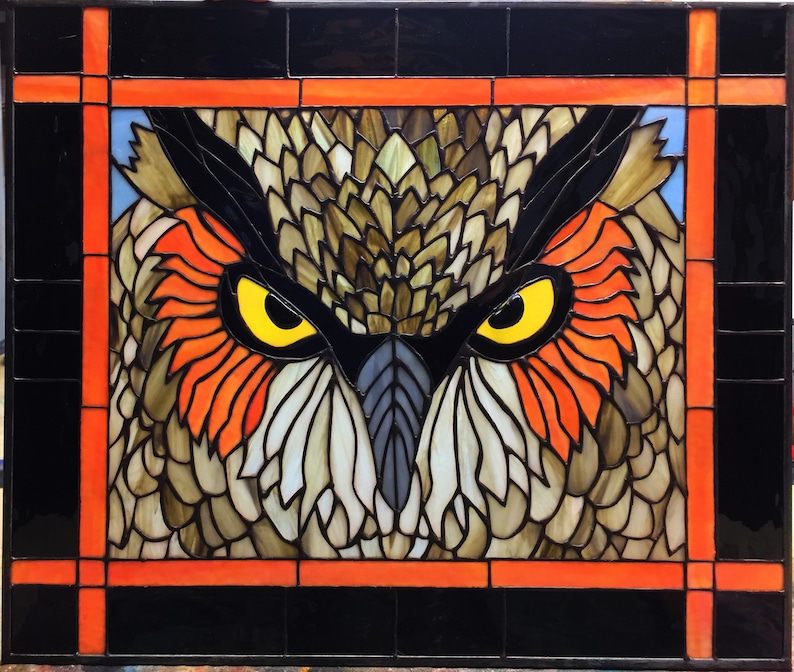 PANEL FRAMED Stained Glass Owlhome Decor Window Hanging Etsy