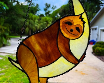 SUNCATCHER - Stained Glass Sloth on Moon