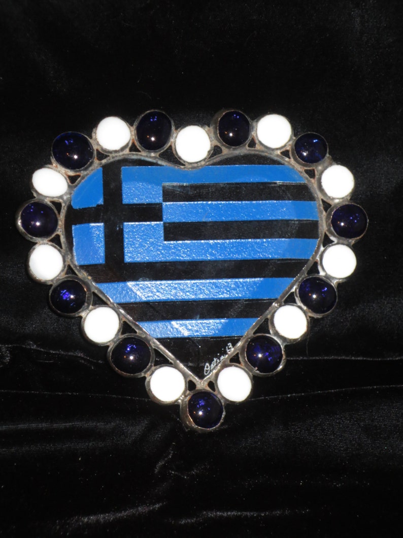 Greek Flag SUNCATCHER 0815SCM06071 Stained Glass Beveled heart with Blue and White Nuggets