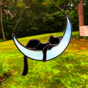 SUNCATCHER - Stained Glass  Cute Cat sleep on the moon