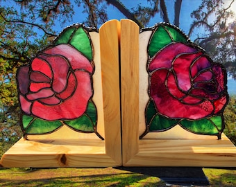 BOOK ENDS - Rose Stained Glass Bookends