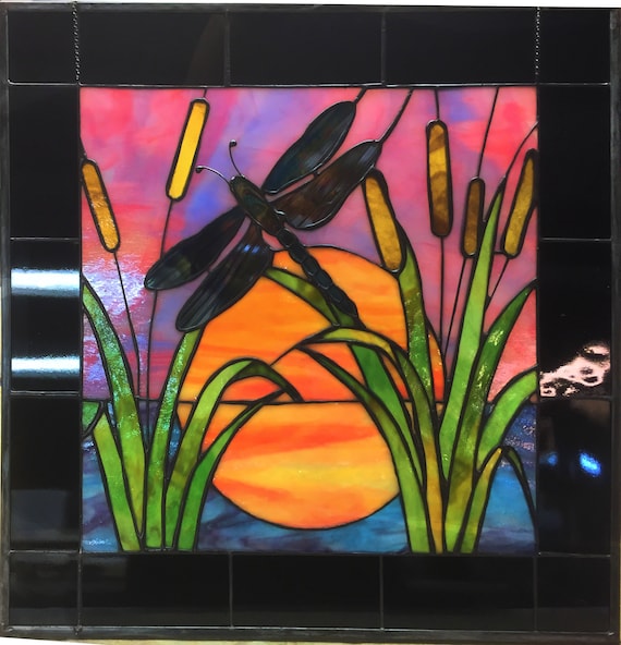 PANEL Stained Glass Dragonfly at Sunset with cattails Etsy