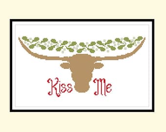 Texas Longhorn Christmas Mistletoe Original Cross Stitch PDF Pattern Instant Download