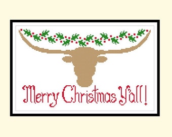 Texas Longhorn Christmas Holly Original Cross Stitch PDF Pattern Instant Download