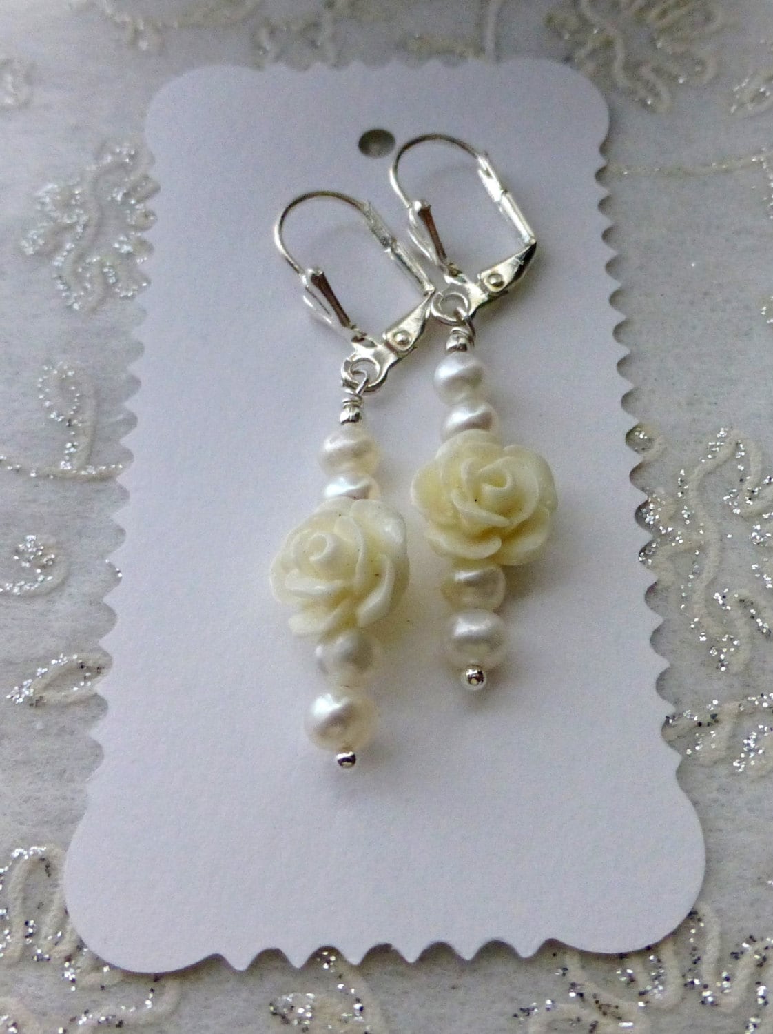 White Rose Flower Dangle Earrings With Freshwater Pearls Etsy