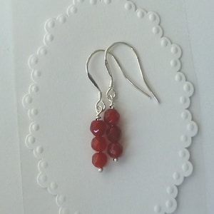 May include: A pair of silver earrings with red carnelian gemstone beads. The earrings are dangle style and have a simple design.