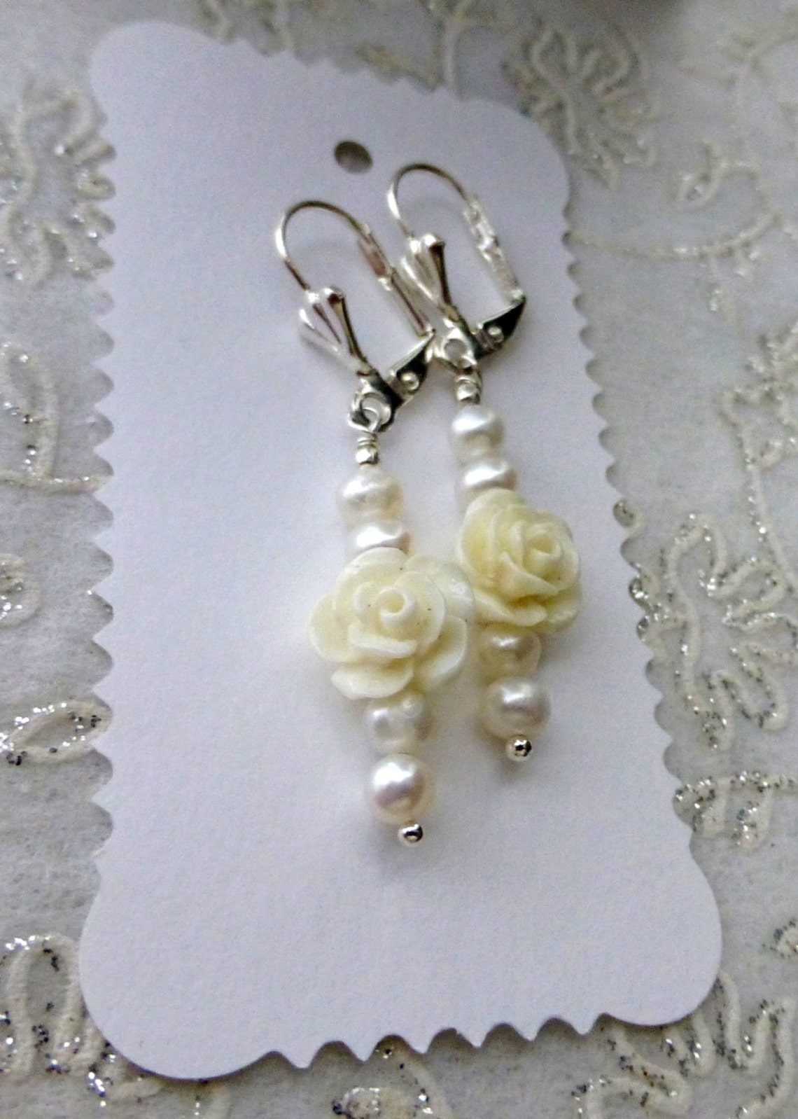 White Rose Flower Dangle Earrings With Freshwater Pearls Etsy