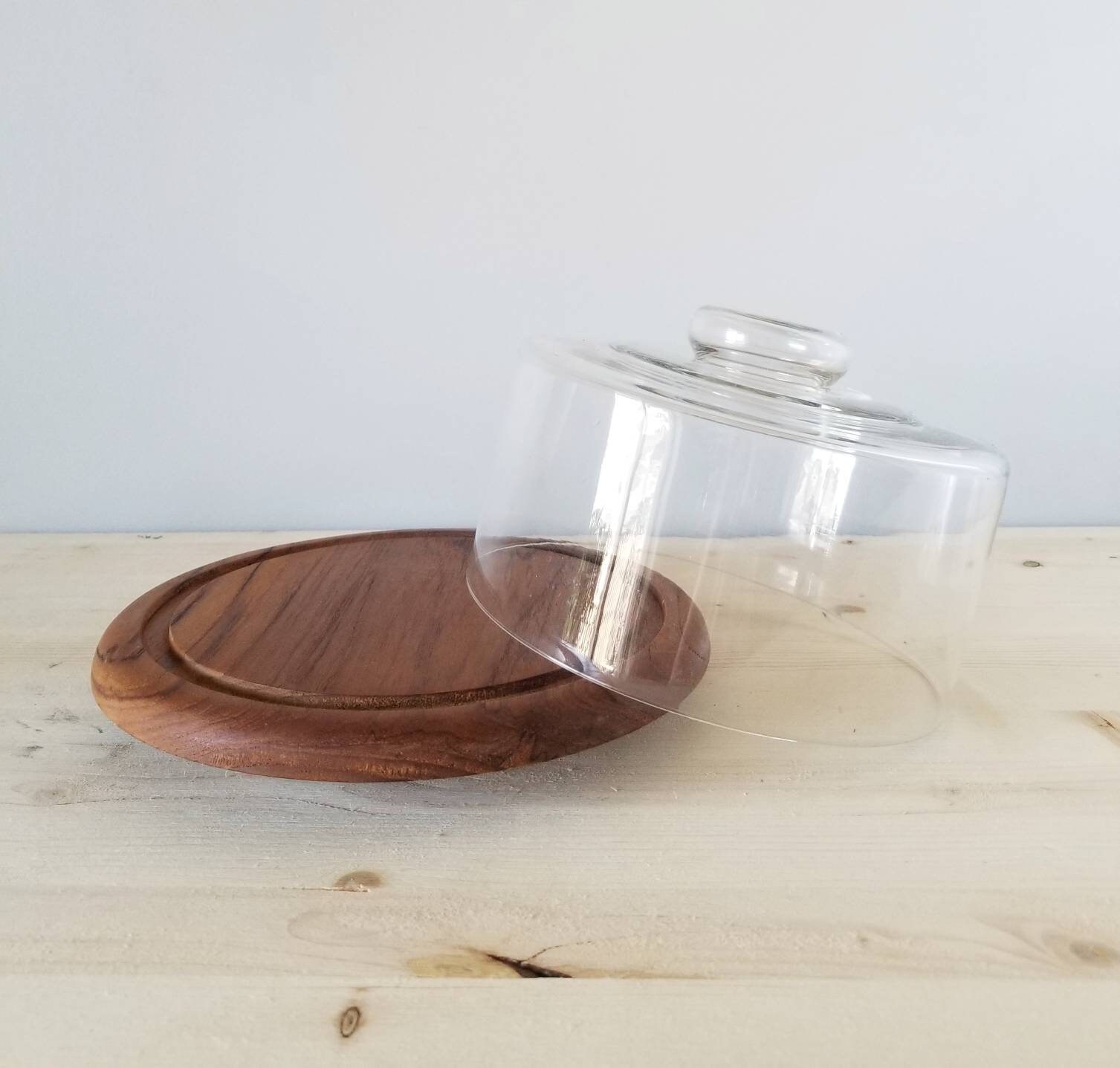 Vintage cheese dome wood tray with glass dome dinner party entertaining