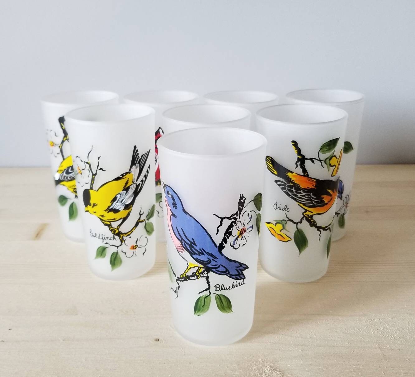 Vintage Hazel Atlas bird glasses frosted set of eight mid century Tom
