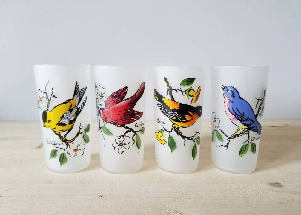 Vintage Hazel Atlas bird glasses frosted set of eight mid century Tom