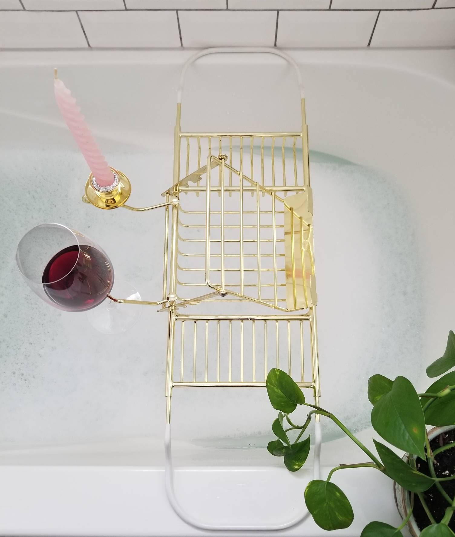 Brass bath caddy with book stand wine glass holder and candle holder