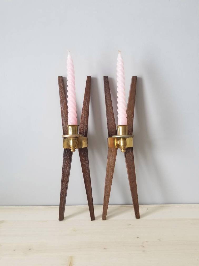 Mid century modern candle sconces pressed wood and brass wall sconces