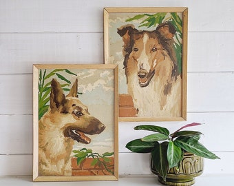 Vintage dog paint by number painting pair | collie and German shepherd dogs | mid century decor |