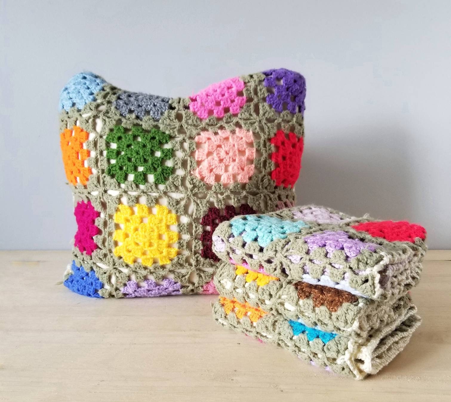 Vintage pair of granny square pillow covers bohemian cushion covers