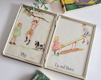 Vintage Dick and Jane book plate | brass frame with vintage kids picture book plate | Dick and Jane illustration | framed print |