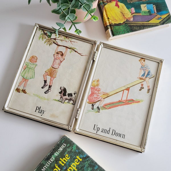 Vintage Dick and Jane book plate | brass frame with vintage kids picture book plate | Dick and Jane illustration | framed print |