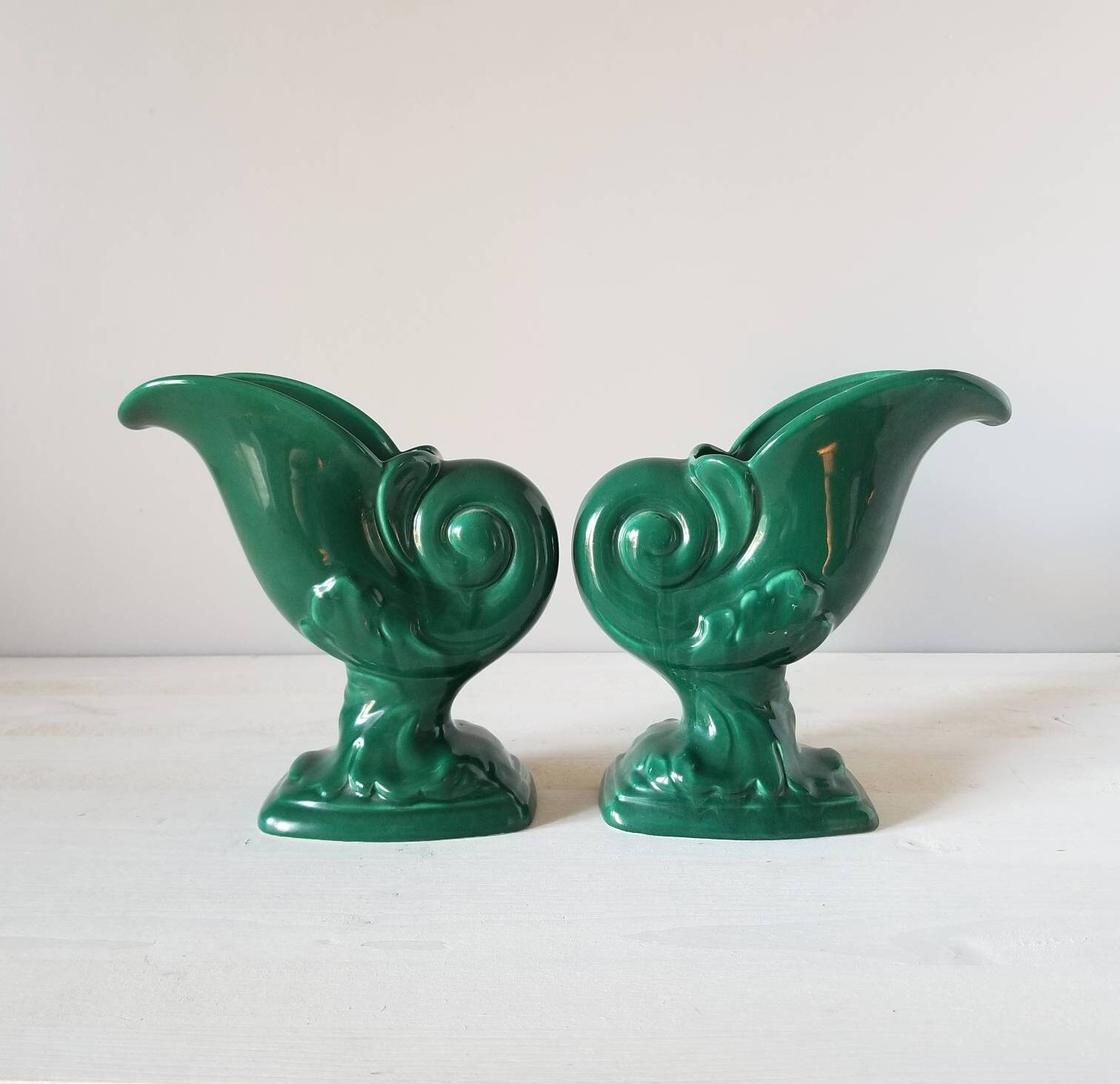 Vintage Nautilus Shell Vase Pair Art Nouveau Style Ceramic Flower Vase