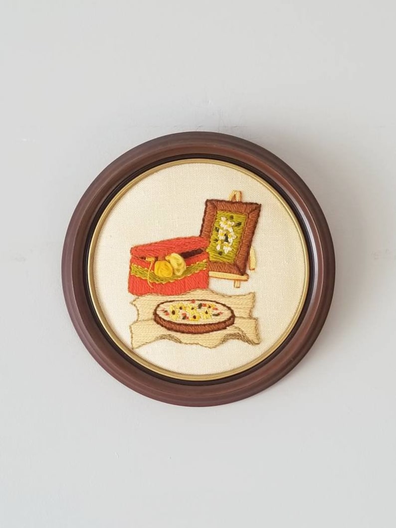 Vintage framed crewel art from the seventies kitschy fiber artwork