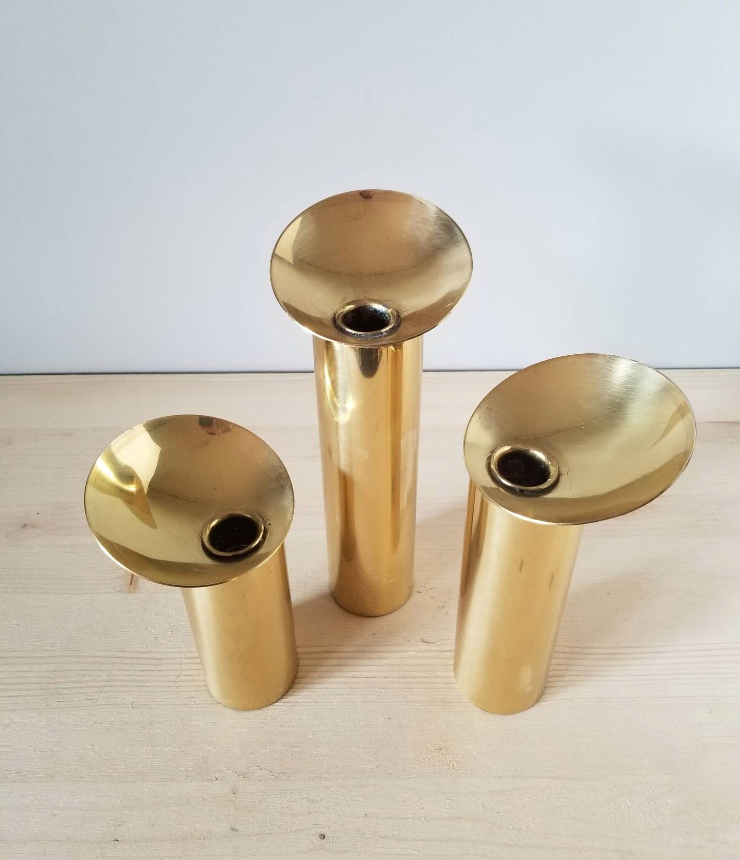 Vintage Danish brass candle holders set of 3 with tray mid century