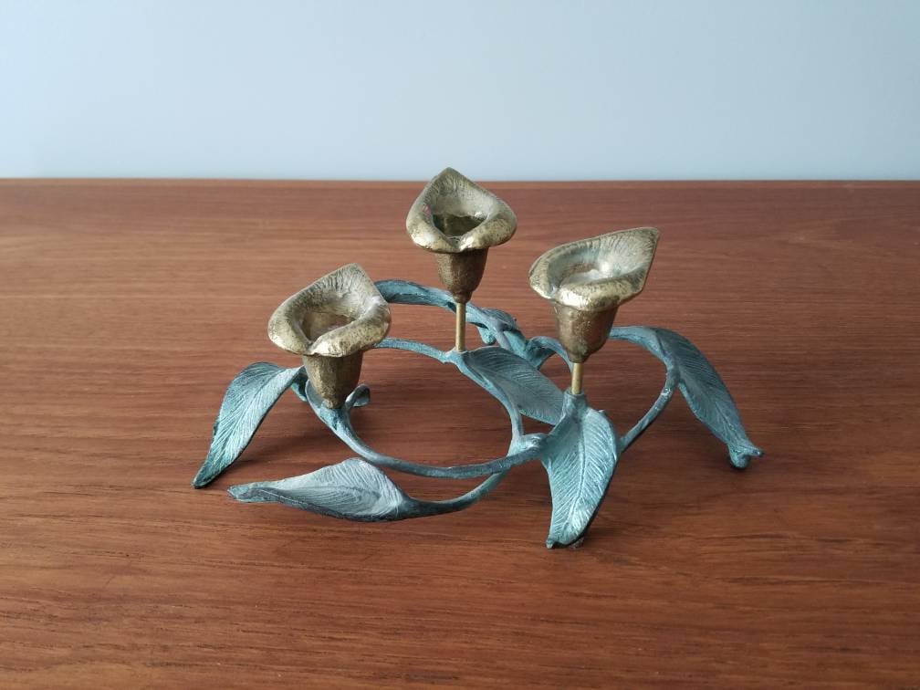 Brass candle holder calla lily 3 candlestick holder Bohemian home decor Mid century