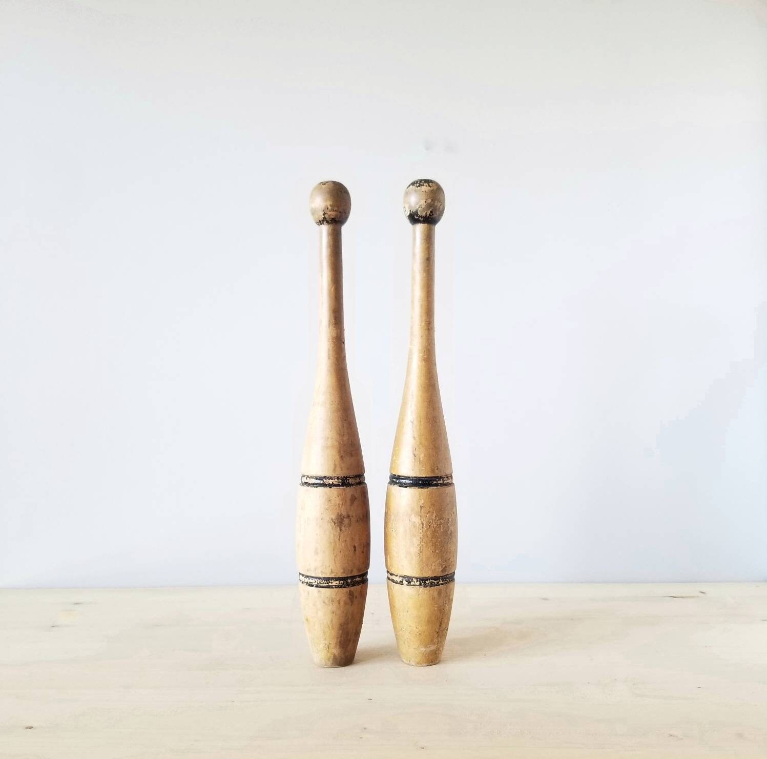 Antique wooden exercise clubs set of two juggling pins