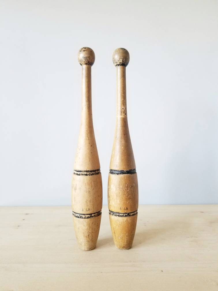 Antique wooden exercise clubs set of two juggling pins