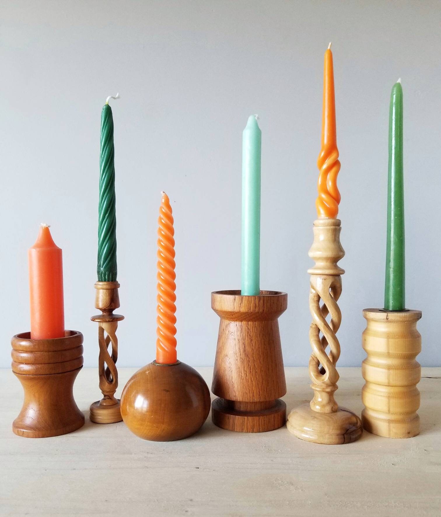 Wooden candlestick holder set of 6 mid century modern candle holders