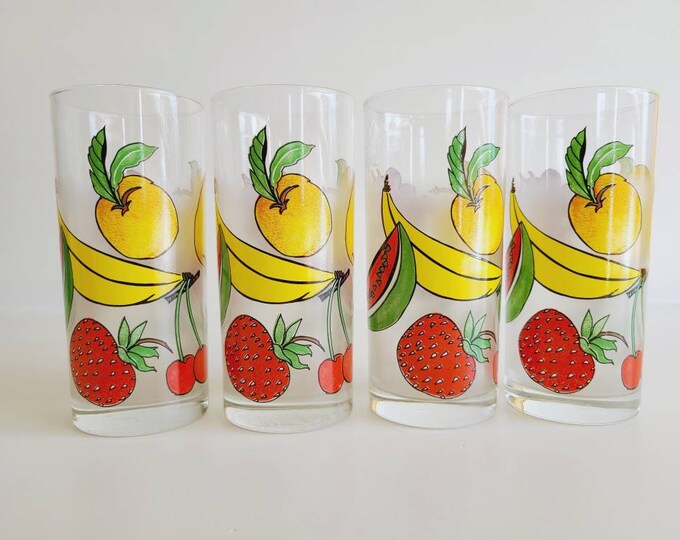 Vintage juice glasses with fruit pattern set of 4 | Made in France | French glassware | vintage barware | summer decor |