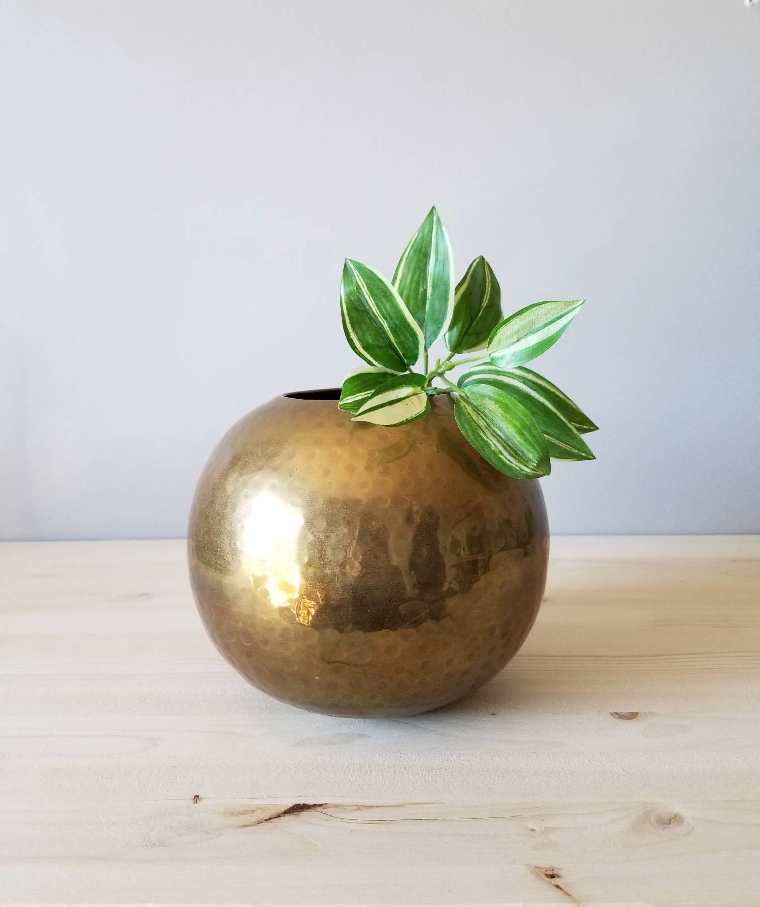 Vintage hammered brass vase round orb vase