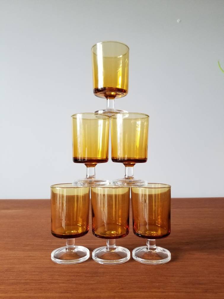 Vintage amber liqueur glasses Luminarc stemware set of six