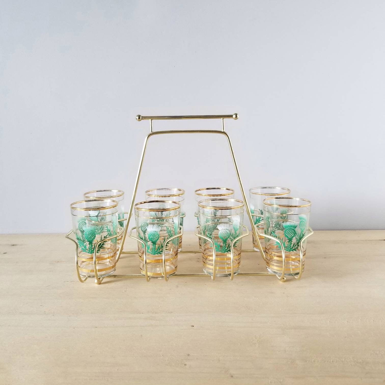 Vintage thistle glasses in caddy set of eight cocktail glassware