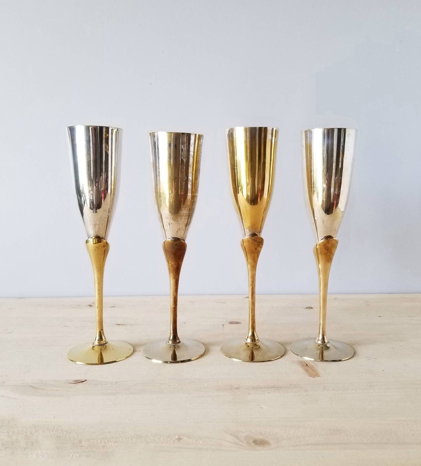 Vintage brass champagne flutes set of 4 wedding decor barware