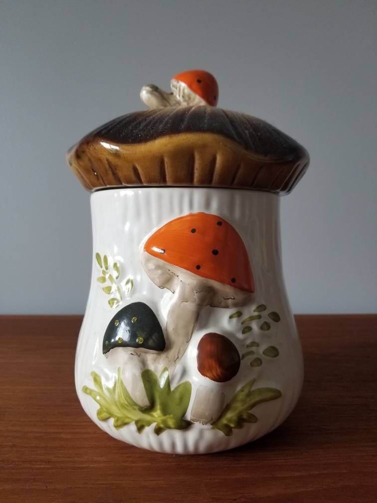 Vintage mushroom cookie jar set Sears merry mushroom collectible