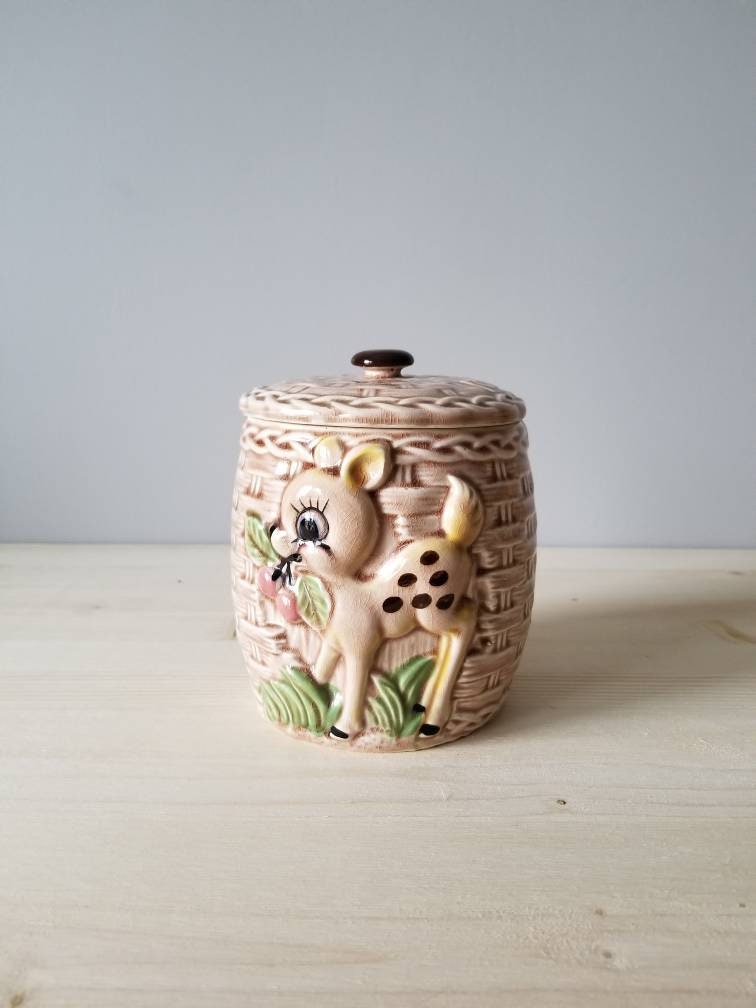 Ceramic Cookie Jar With Deer Design Bambi Style Storage Container