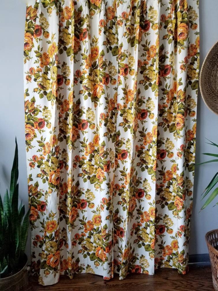 Vintage floral curtain panels pair burnt orange | bohemian home decor ...