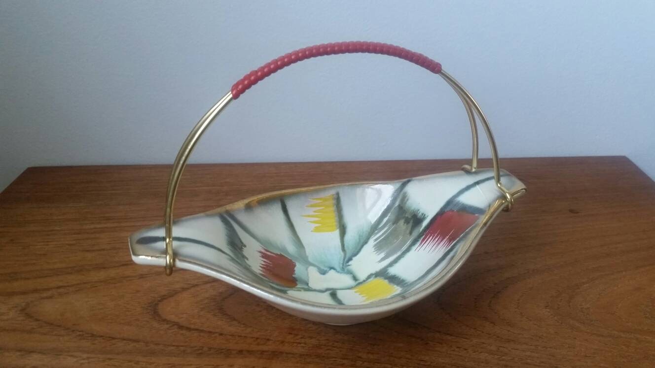 West German pottery dish with handle mid century modern decorative bowl