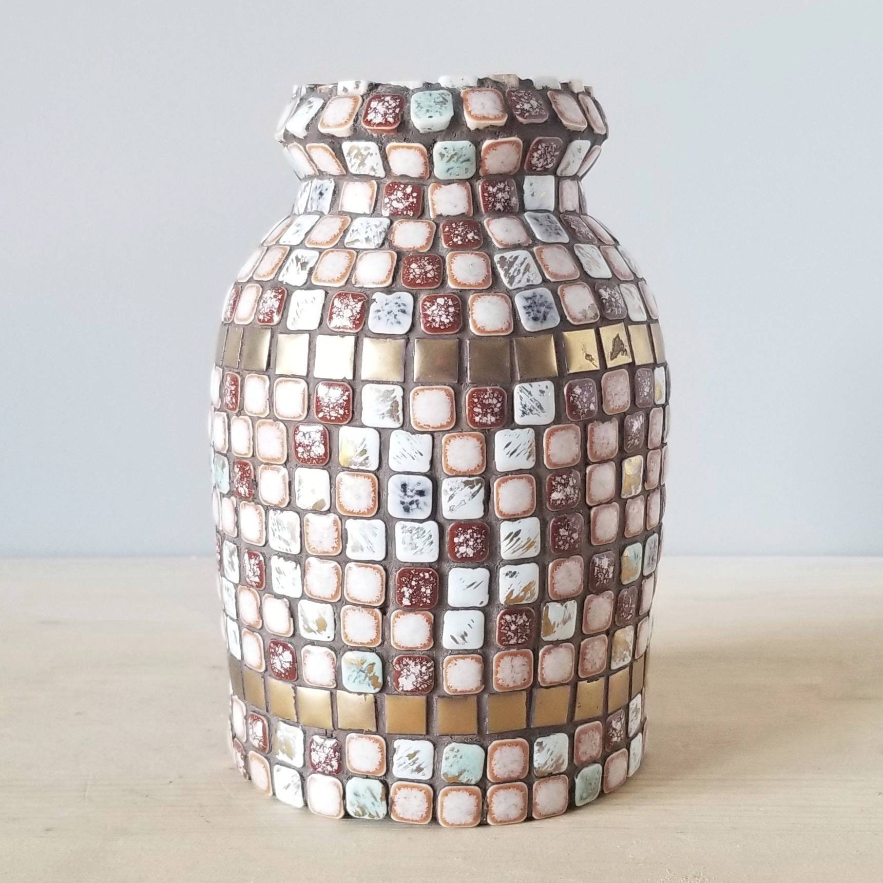 Vintage mosaic tile vase mid century flower vase gold pink brown tile